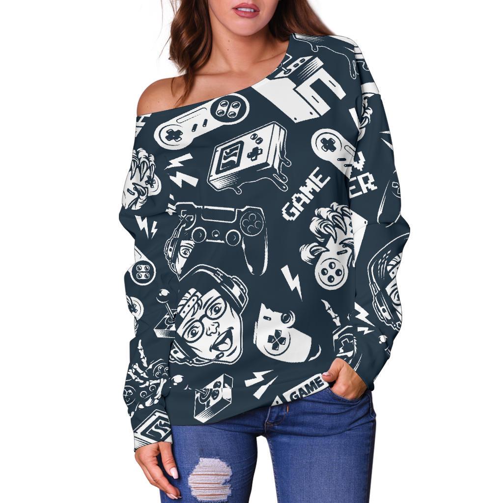 Gaming Pattern Print Women Off Shoulder Sweatshirt-grizzshop