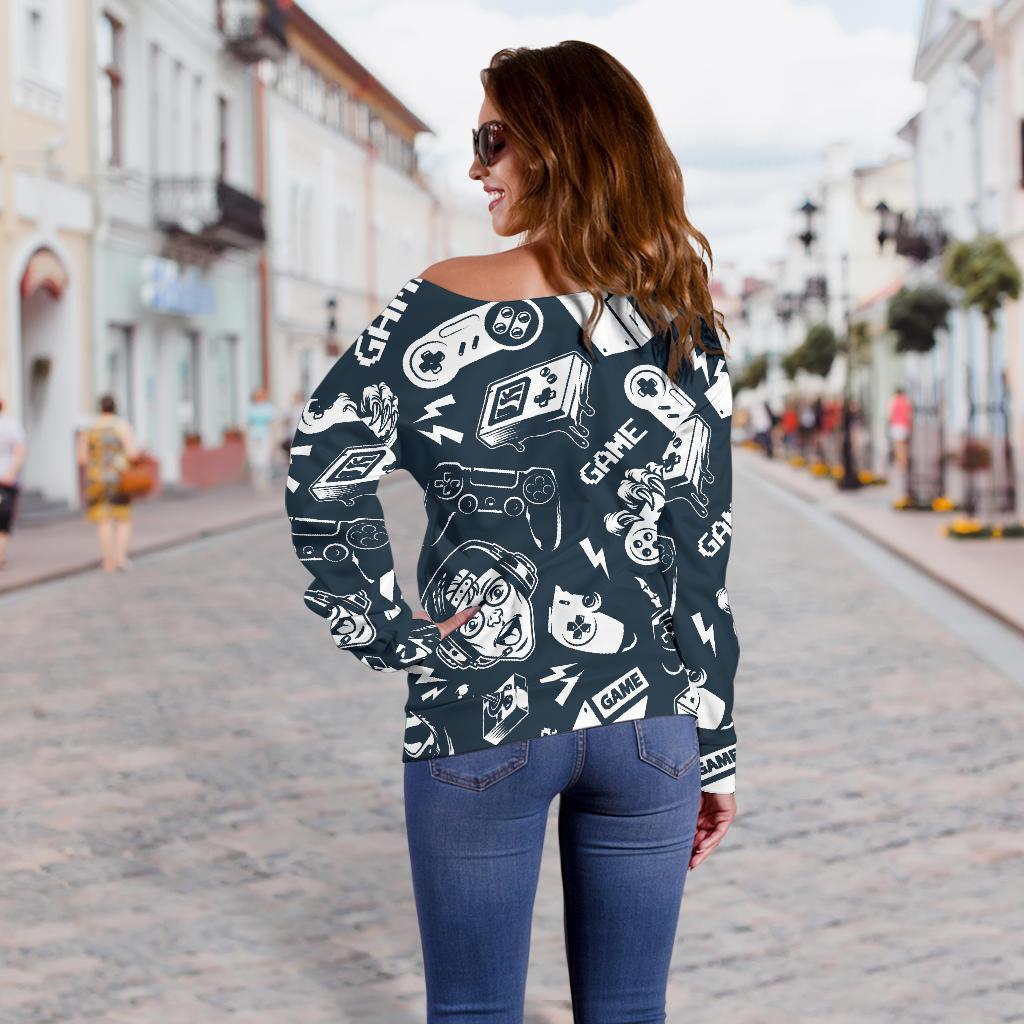 Gaming Pattern Print Women Off Shoulder Sweatshirt-grizzshop