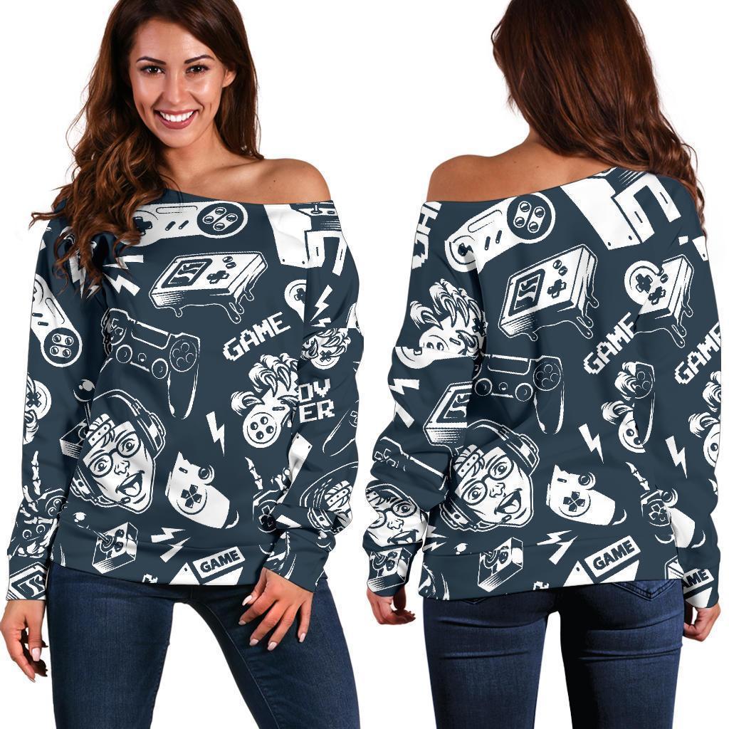 Gaming Pattern Print Women Off Shoulder Sweatshirt-grizzshop