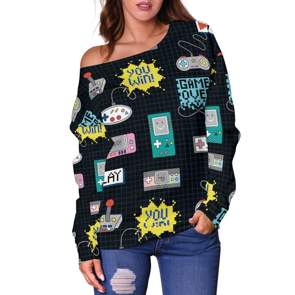 Gaming Print Pattern Women Off Shoulder Sweatshirt-grizzshop