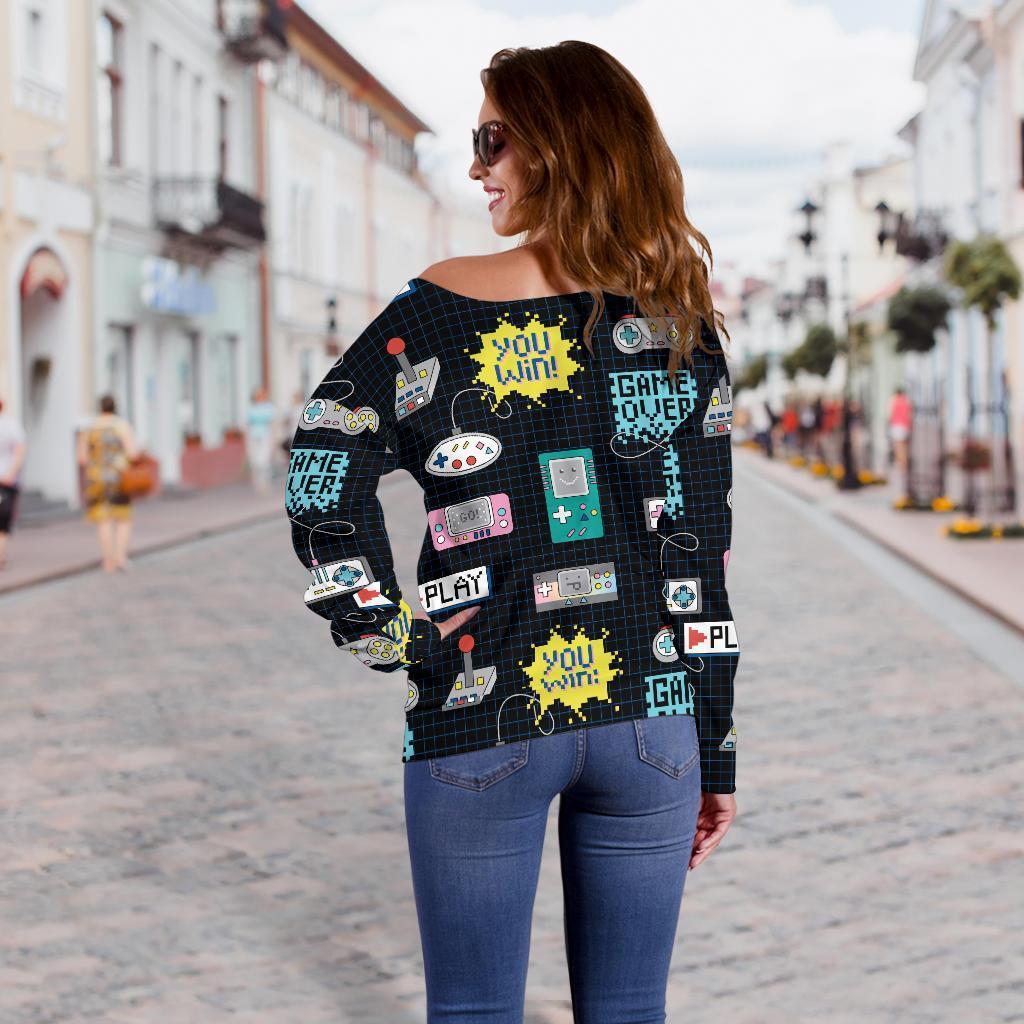 Gaming Print Pattern Women Off Shoulder Sweatshirt-grizzshop