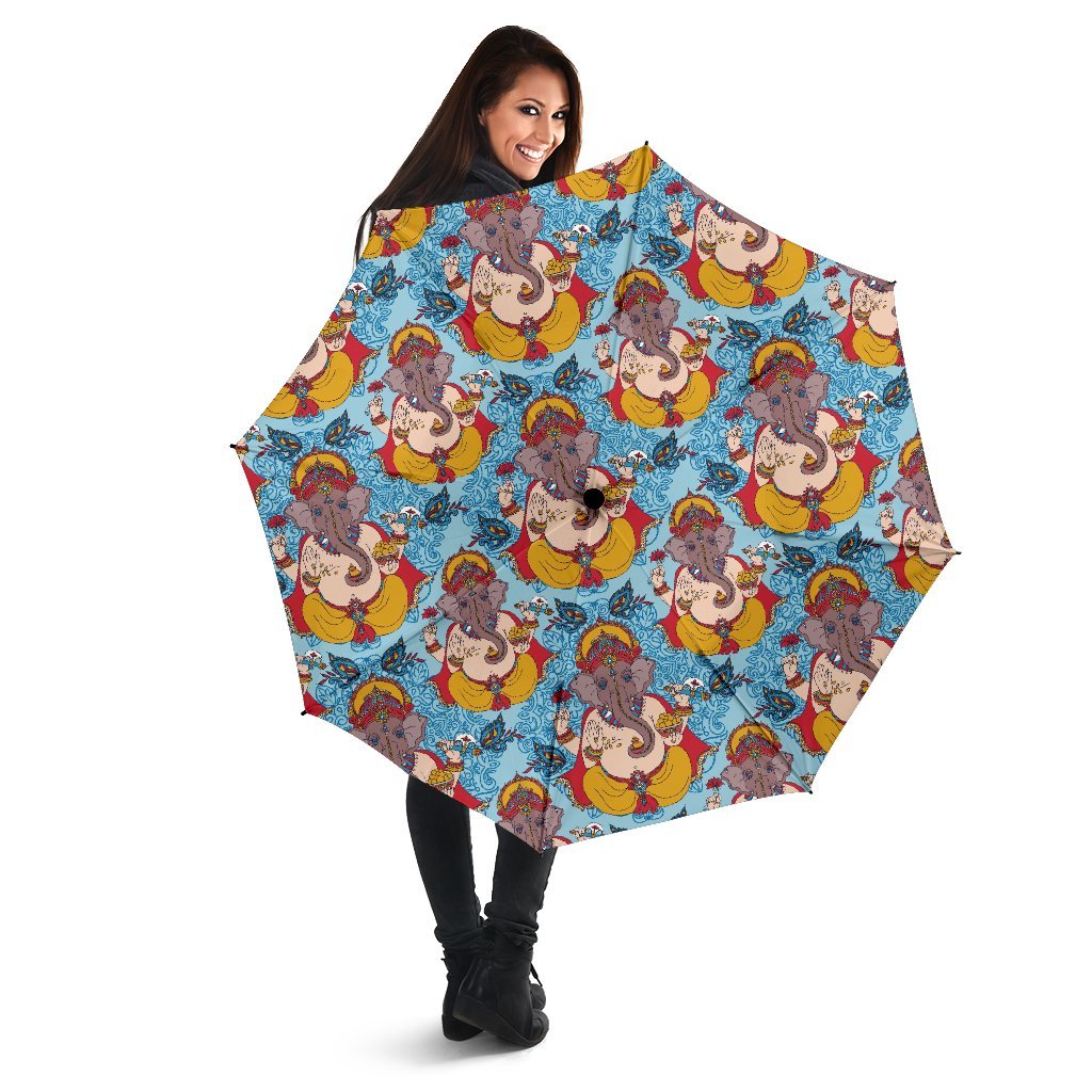 Ganesha Blue Pattern Print Automatic Foldable Umbrella-grizzshop