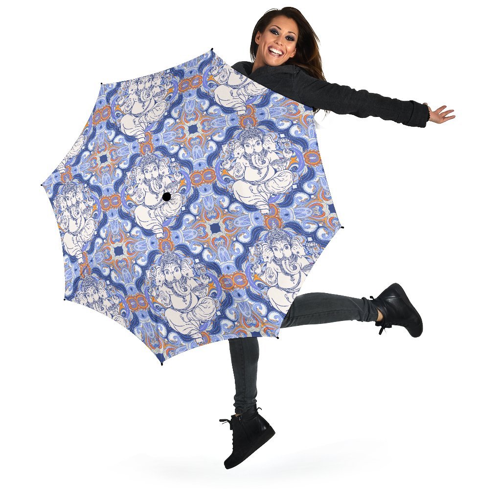 Ganesha Blue Print Pattern Automatic Foldable Umbrella-grizzshop