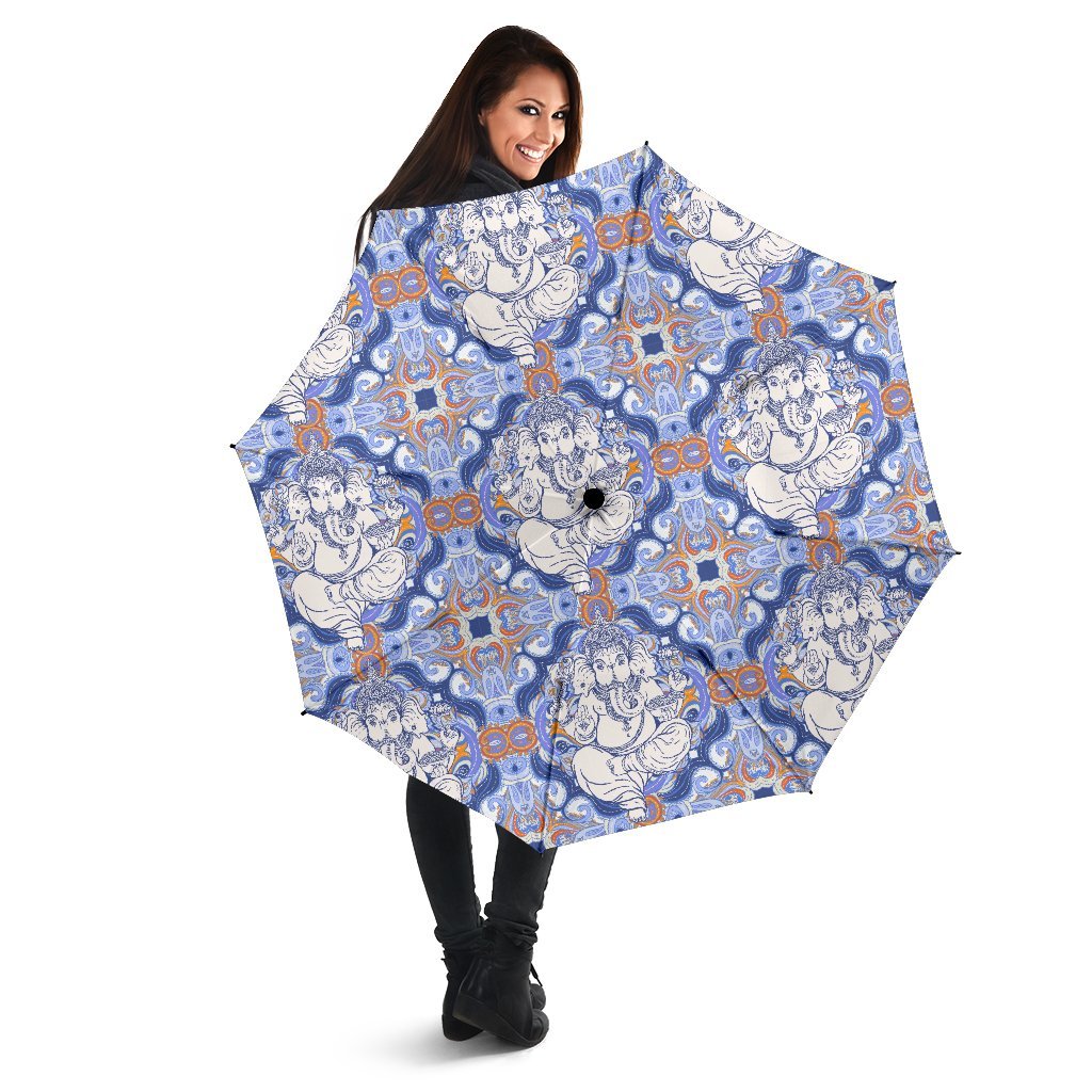Ganesha Blue Print Pattern Automatic Foldable Umbrella-grizzshop