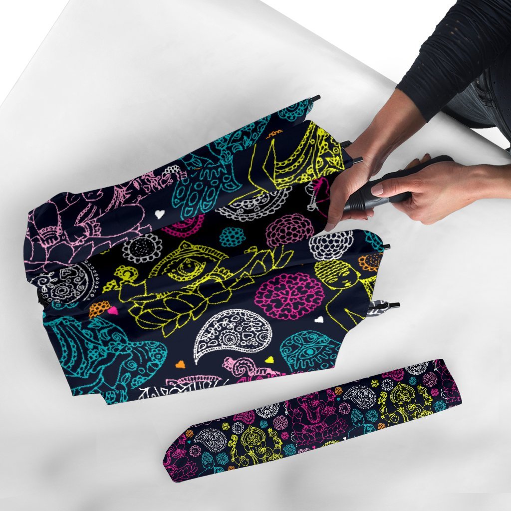 Ganesha Pattern Print Automatic Foldable Umbrella-grizzshop