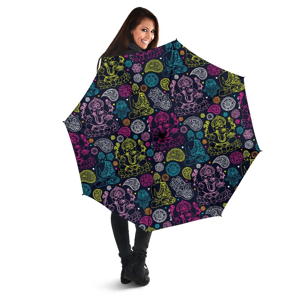 Ganesha Pattern Print Automatic Foldable Umbrella-grizzshop