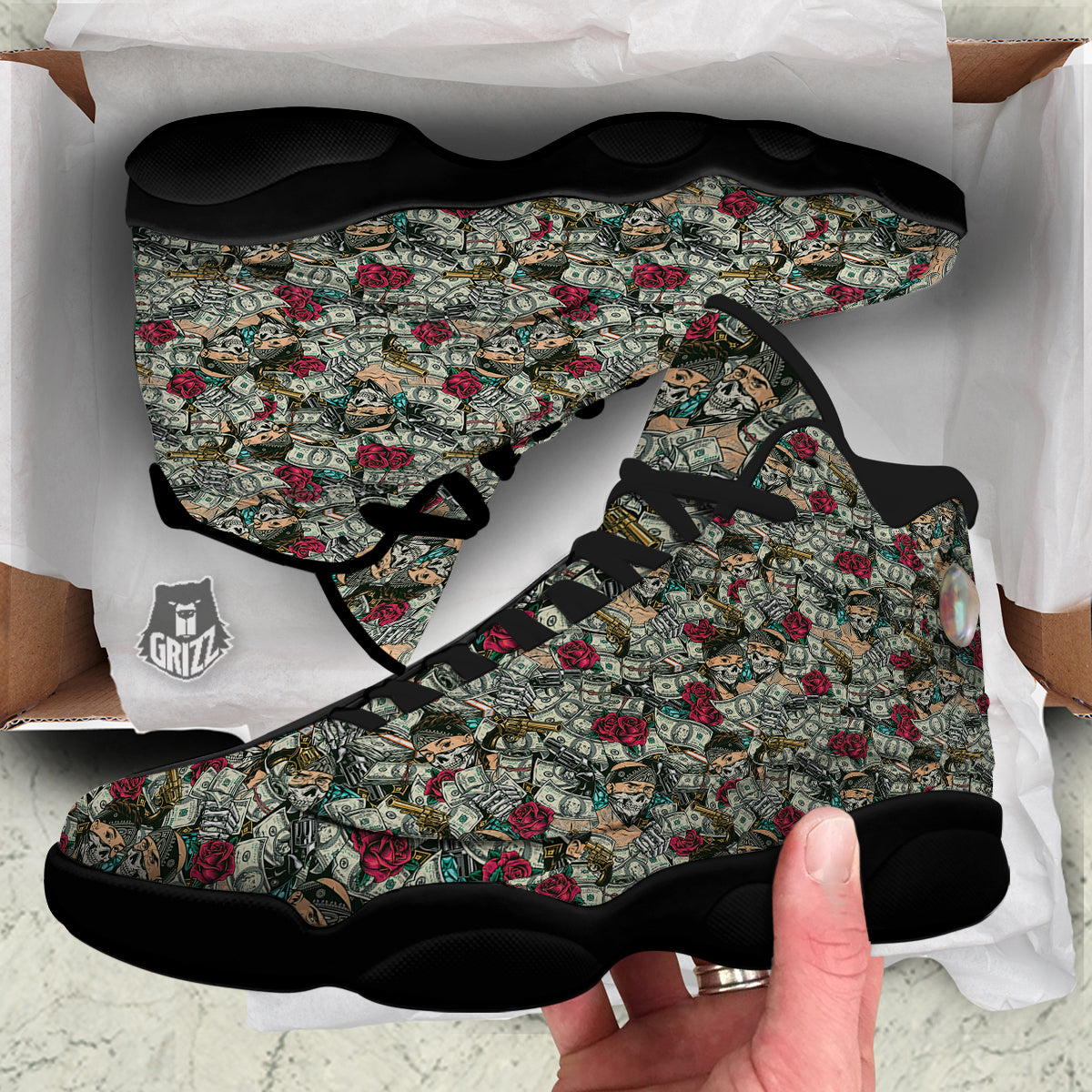Gang Gun And Money Vintage Print Pattern Black Basketball Shoes-grizzshop