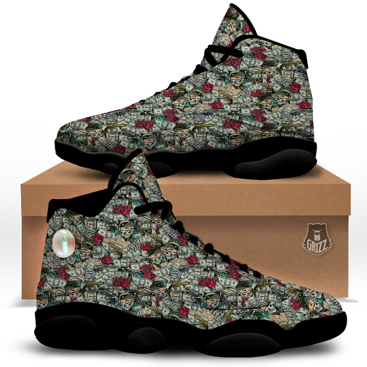 Gang Gun And Money Vintage Print Pattern Black Basketball Shoes-grizzshop
