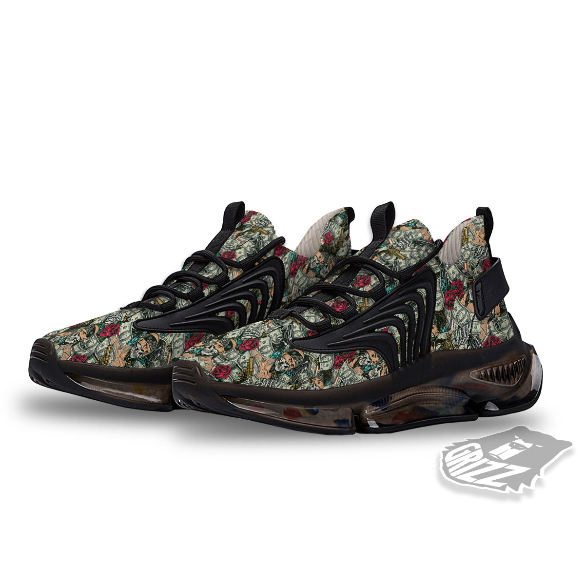 Gang Gun And Money Vintage Print Pattern Black Gym Shoes-grizzshop