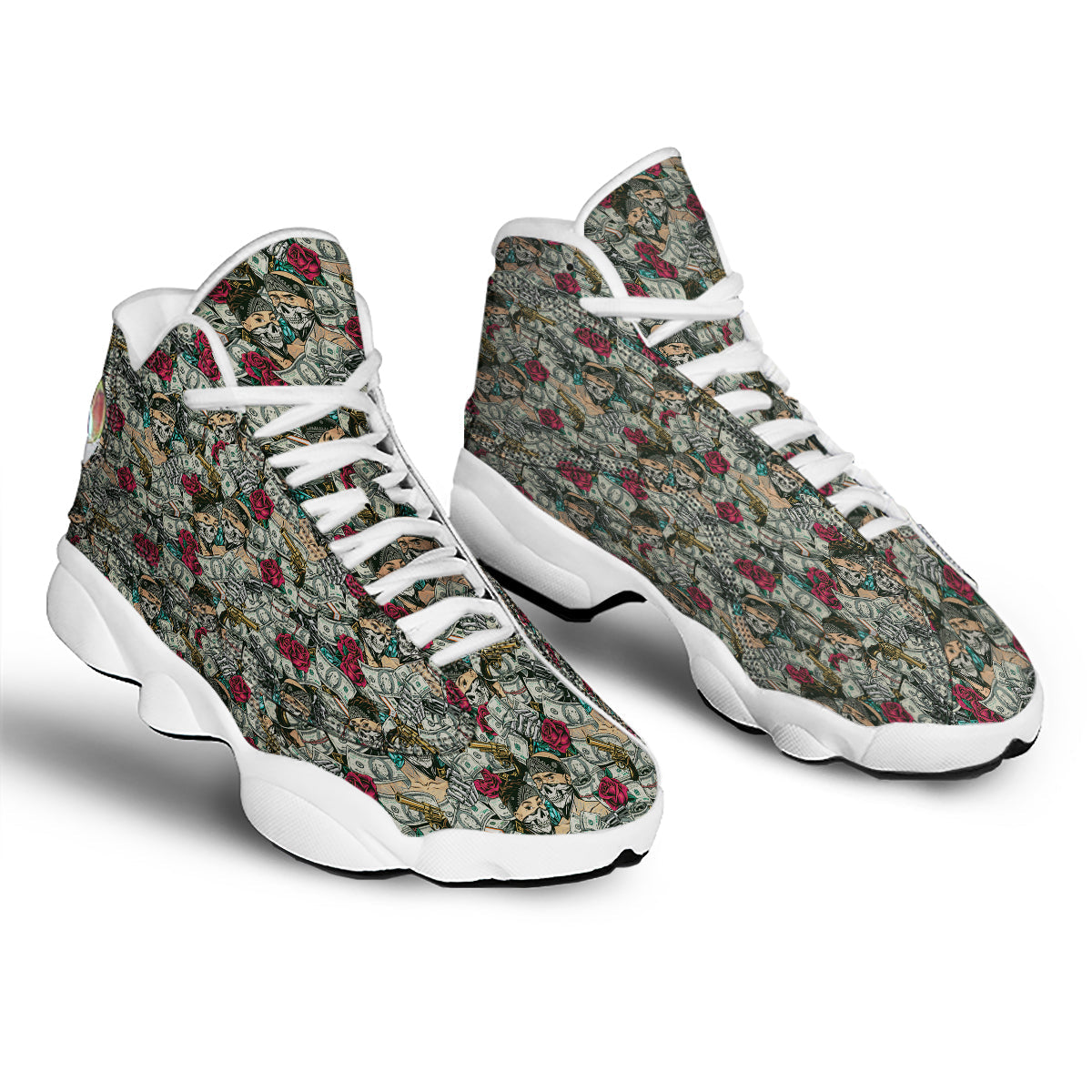 Gang Gun And Money Vintage Print Pattern White Basketball Shoes-grizzshop