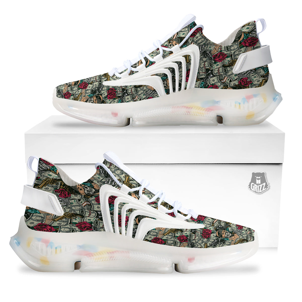 Gang Gun And Money Vintage Print Pattern White Gym Shoes-grizzshop