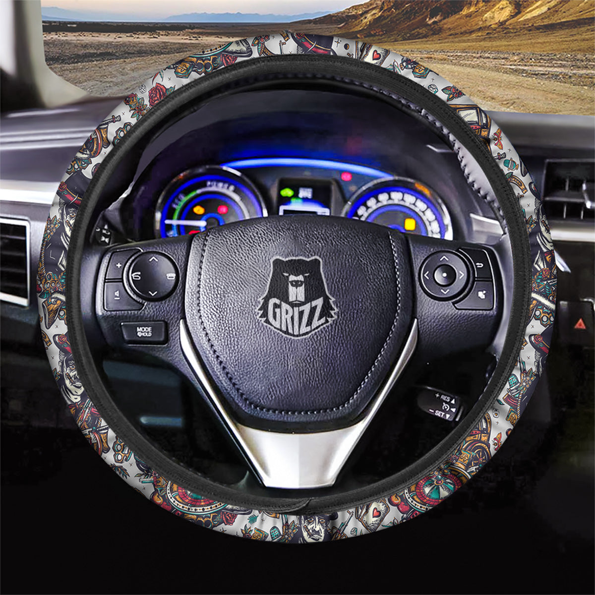 Gangsters And Criminal Tattoo Print Pattern Car Steering Wheel Cover-grizzshop