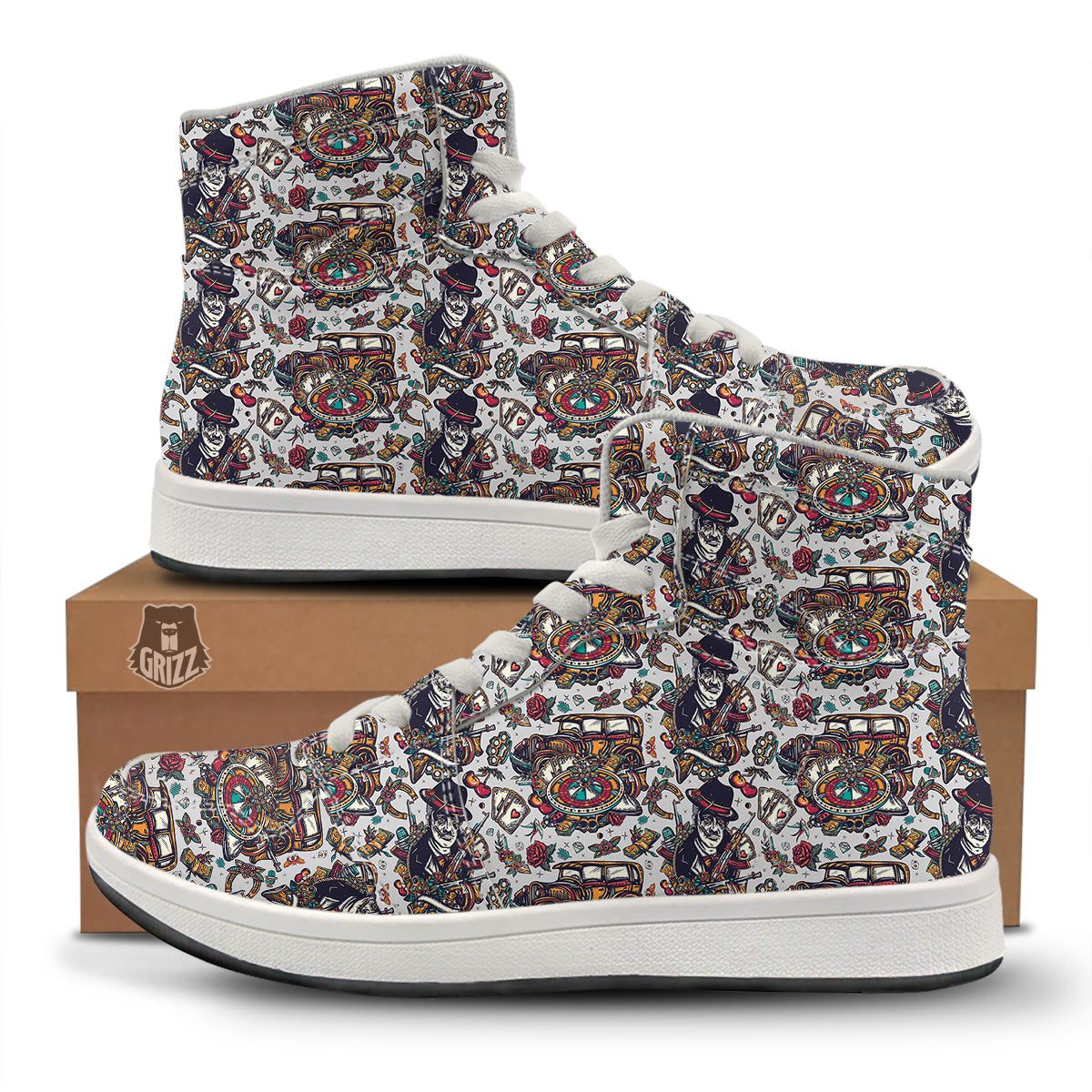 Gangsters And Criminal Tattoo Print Pattern High Top Sneakers-grizzshop