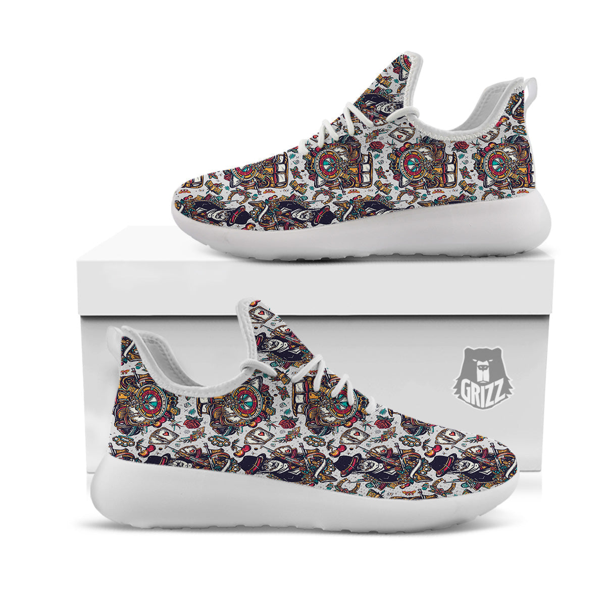 Gangsters And Criminal Tattoo Print Pattern White Athletic Shoes-grizzshop