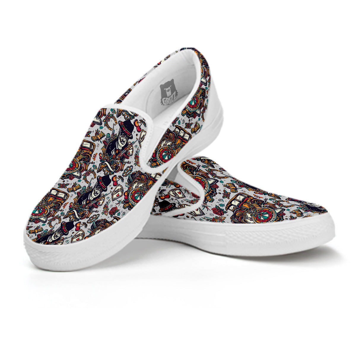 Gangsters And Criminal Tattoo Print Pattern White Slip On Shoes-grizzshop