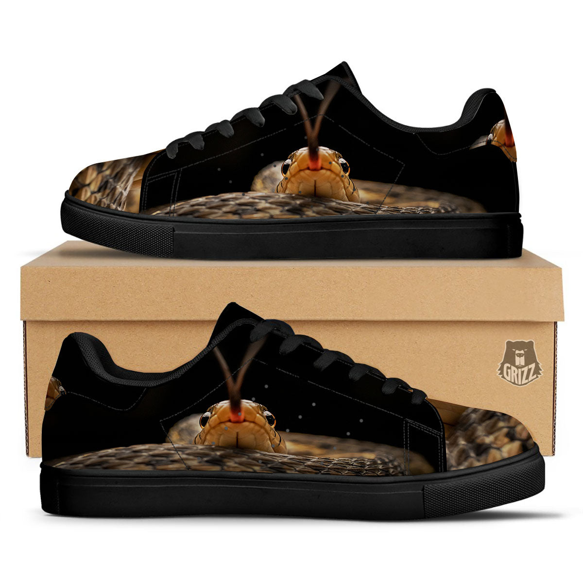 Garter Snake Print Black Low Top Sneakers-grizzshop