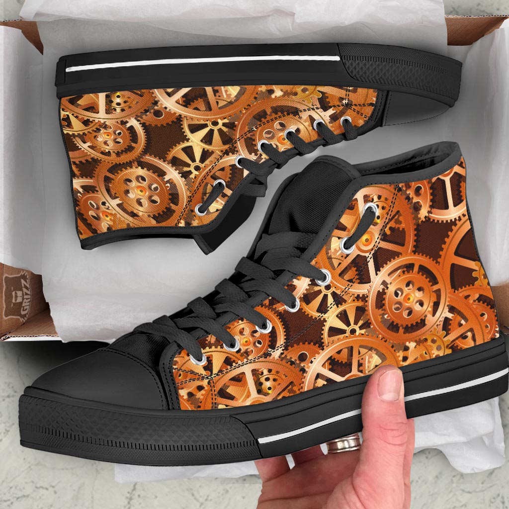 Gears And Steampunk Cogs Print Black High Top Shoes-grizzshop