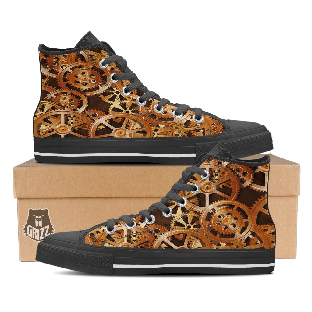 Gears And Steampunk Cogs Print Black High Top Shoes-grizzshop