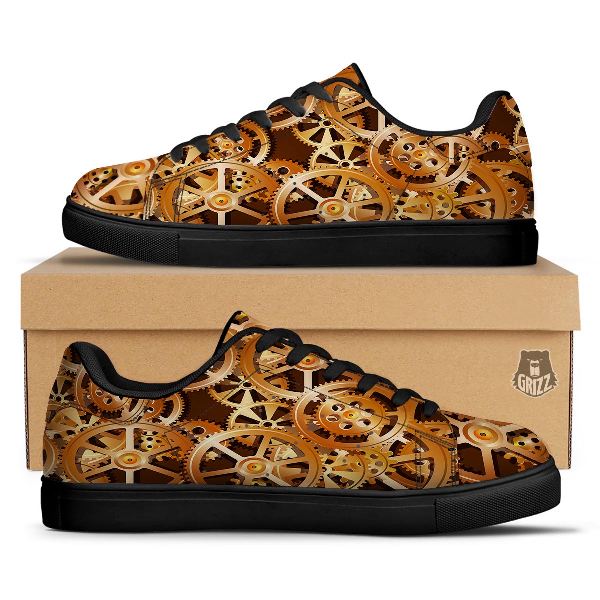Gears And Steampunk Cogs Print Black Low Top Sneakers-grizzshop