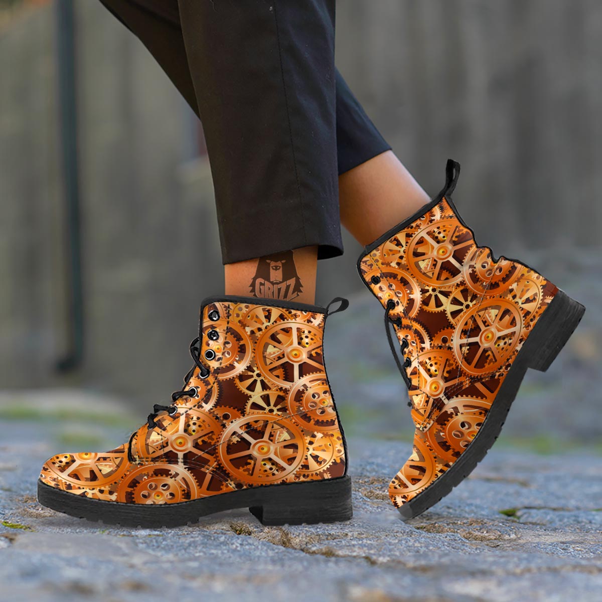 Gears And Steampunk Cogs Print Leather Boots-grizzshop