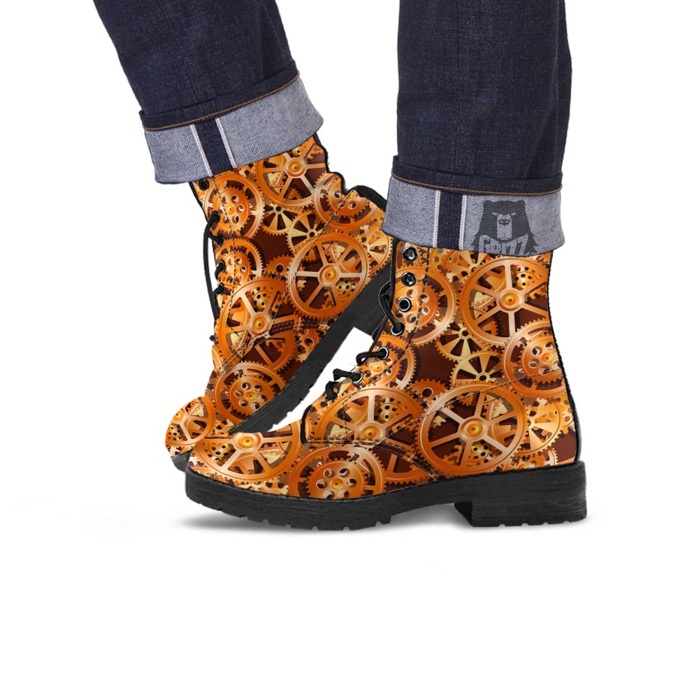Gears And Steampunk Cogs Print Leather Boots-grizzshop