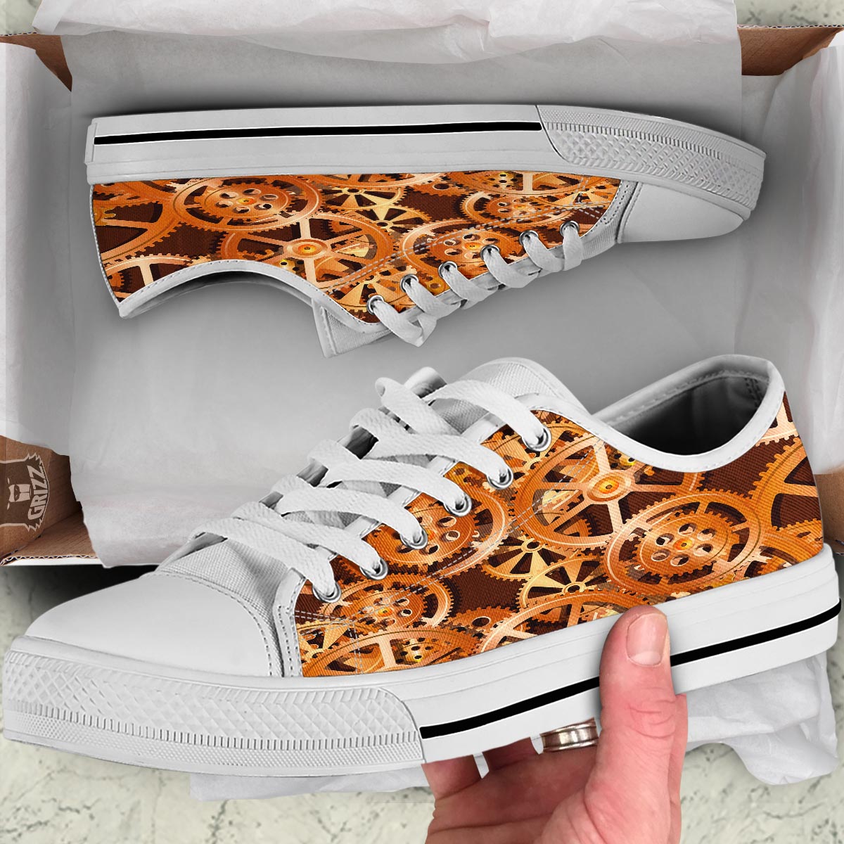 Gears And Steampunk Cogs Print White Low Top Shoes-grizzshop