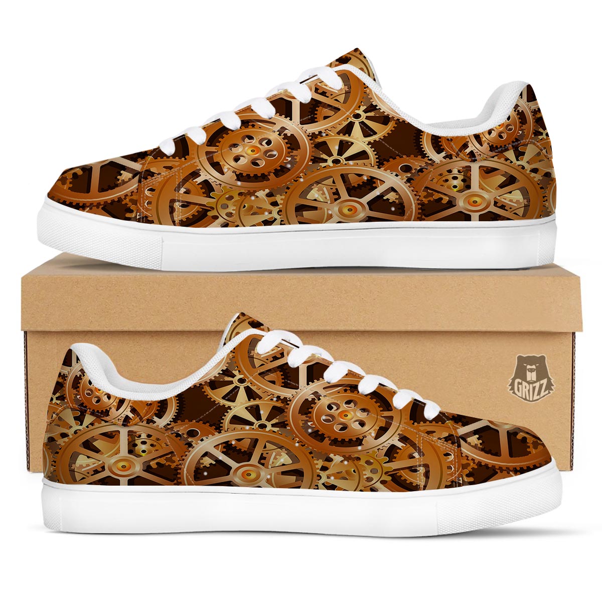 Gears And Steampunk Cogs Print White Low Top Sneakers-grizzshop