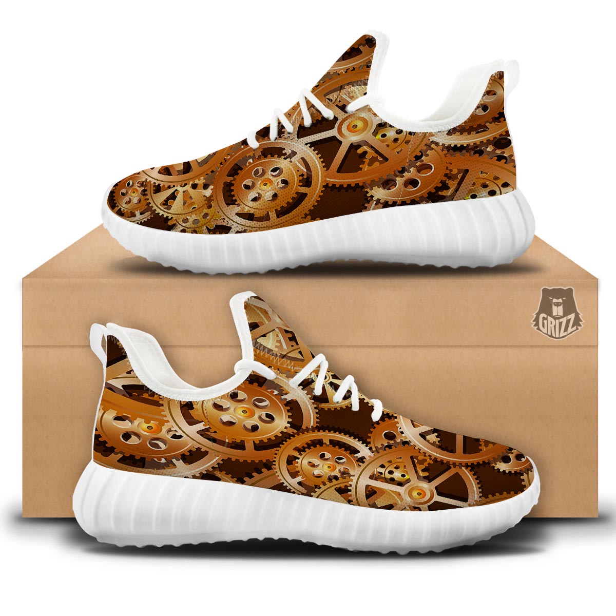 Gears And Steampunk Cogs Print White Walking Shoes-grizzshop