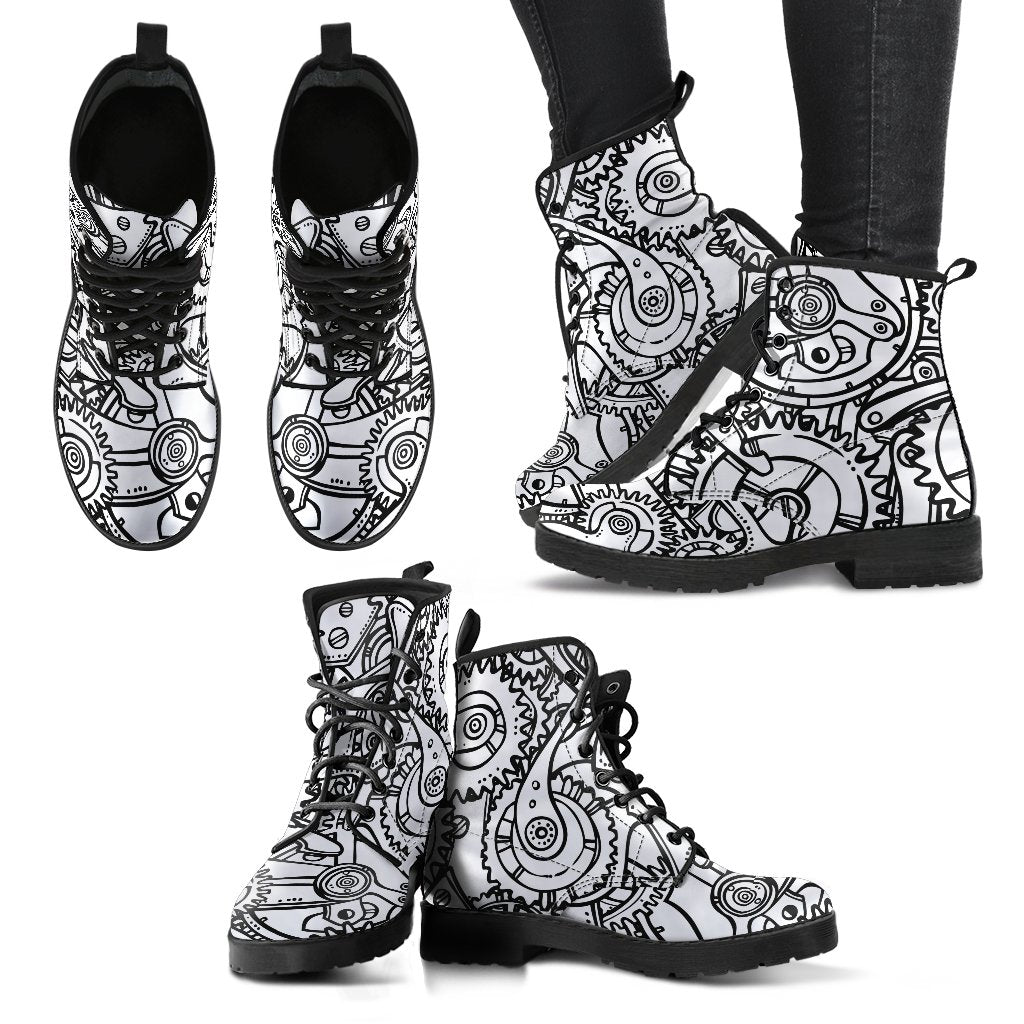 Gears Black & White - Leather Boots for Women-grizzshop