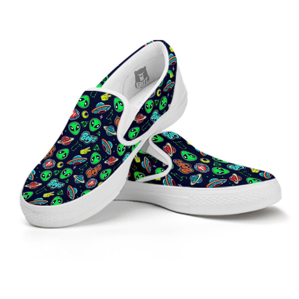Geen Alien Ufo In Space Print Pattern White Slip On Shoes-grizzshop
