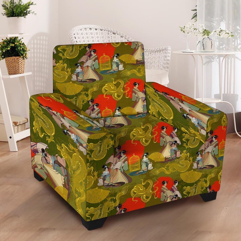 Geisha Japanese Dragon Print Armchair Cover-grizzshop