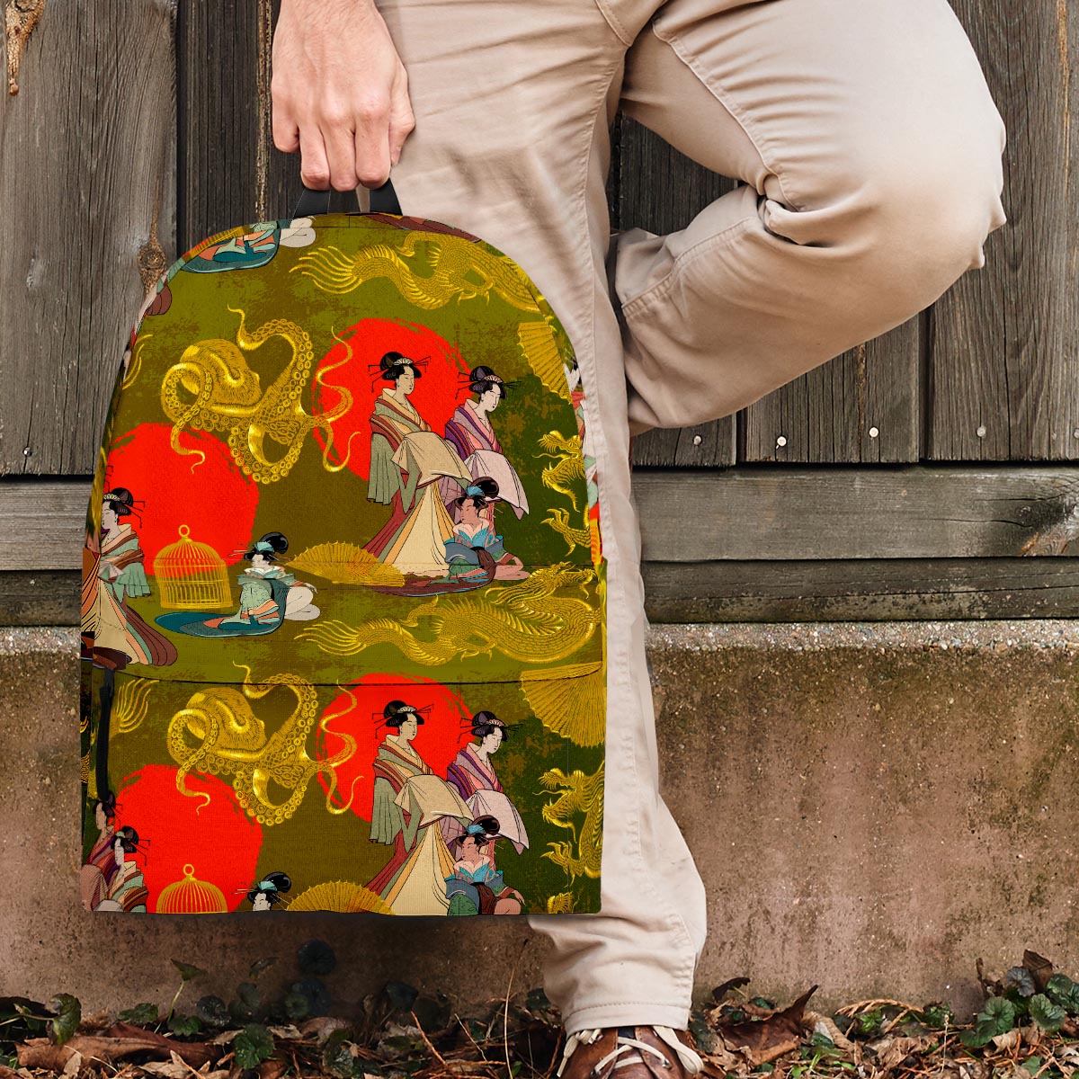 Geisha Japanese Dragon Print Backpack-grizzshop