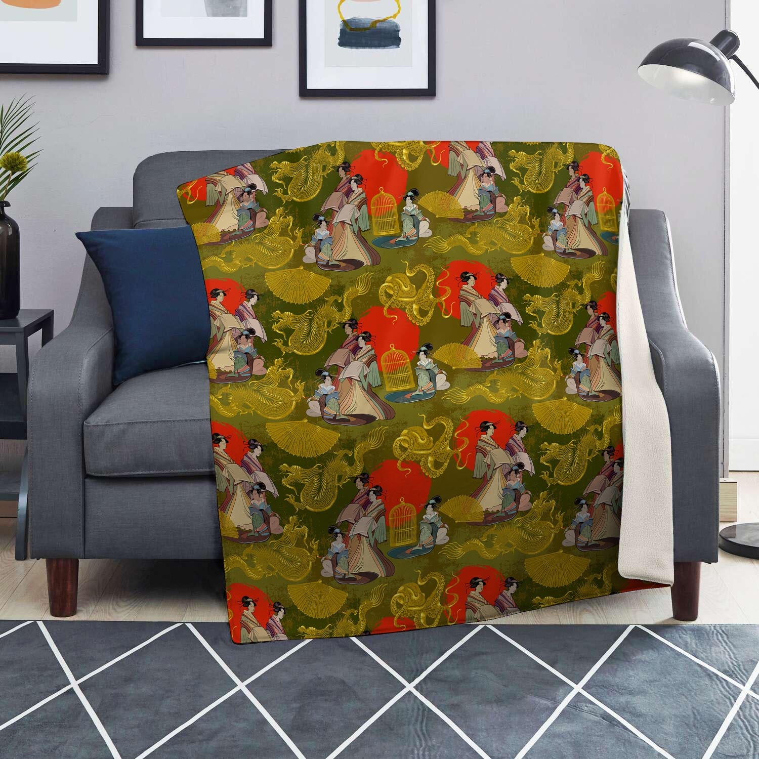 Geisha Japanese Dragon Print Blanket-grizzshop