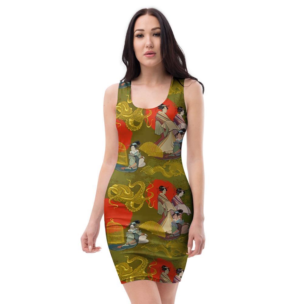 Geisha Japanese Dragon Print Bodycon Dress-grizzshop