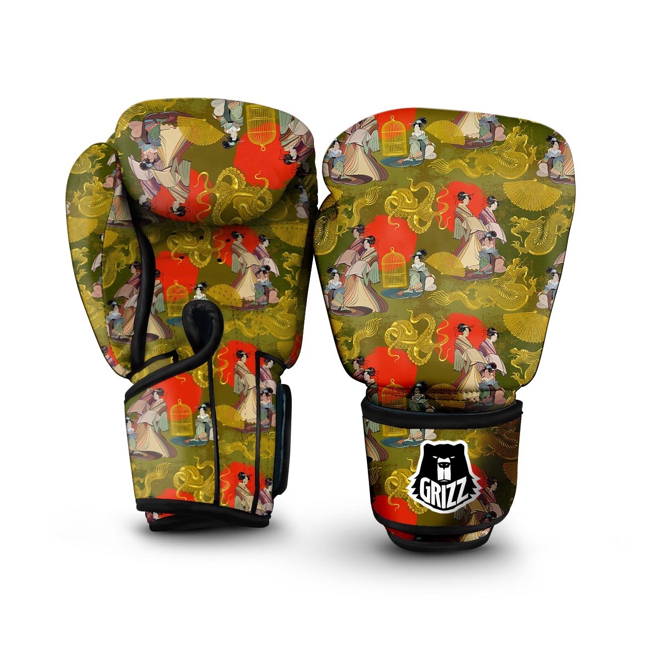 Gold Janpanese Dragon Print Boxing Gloves