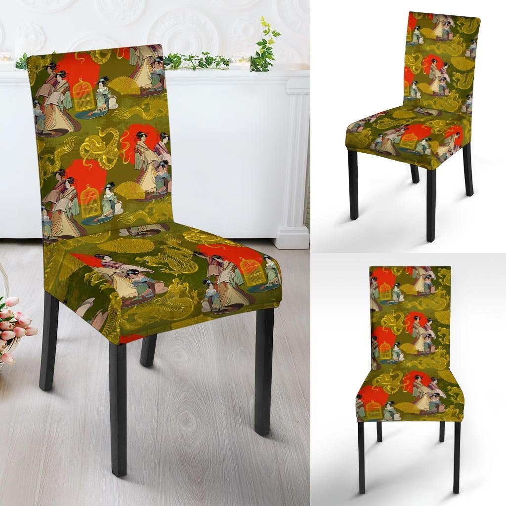 Geisha Japanese Dragon Print Chair Cover-grizzshop