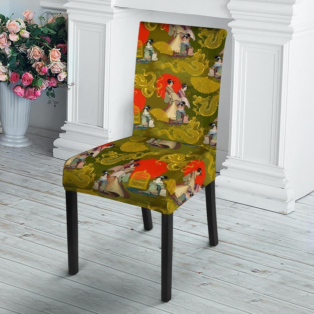 Geisha Japanese Dragon Print Chair Cover-grizzshop