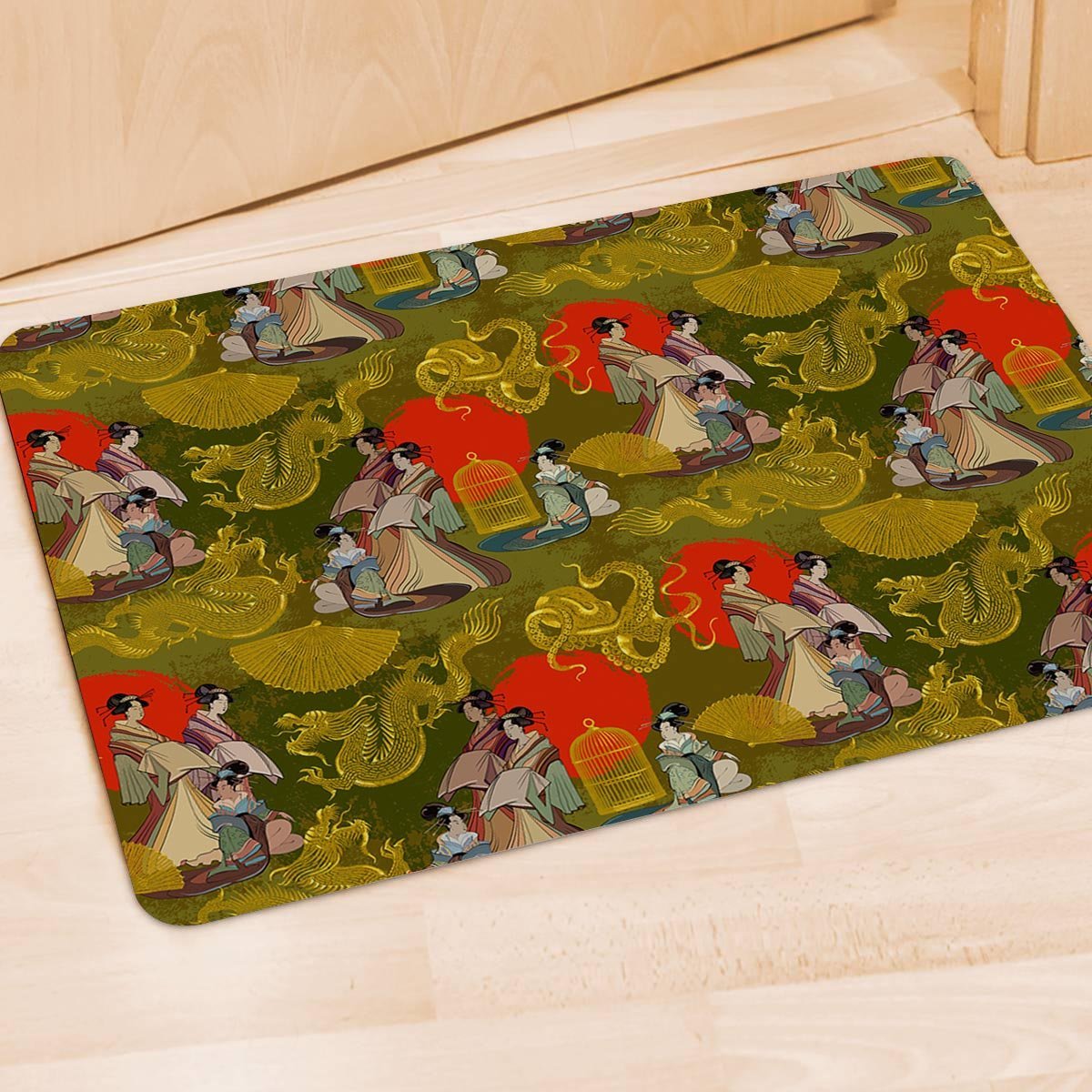 Geisha Japanese Dragon Print Door Mat-grizzshop