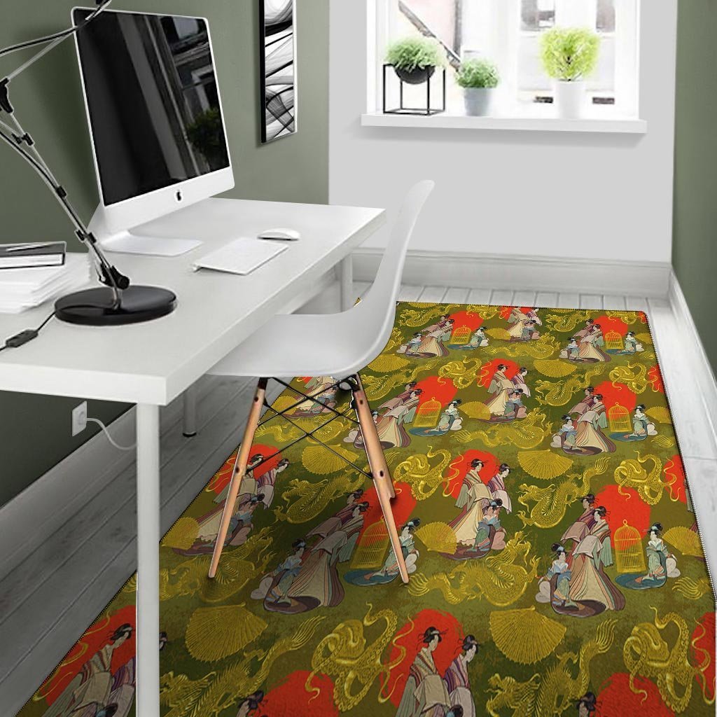 Geisha Japanese Dragon Print Floor Mat-grizzshop