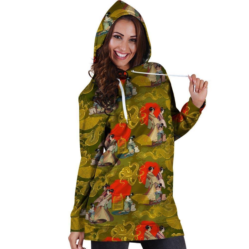 Geisha Japanese Dragon Print Hoodie Dress-grizzshop