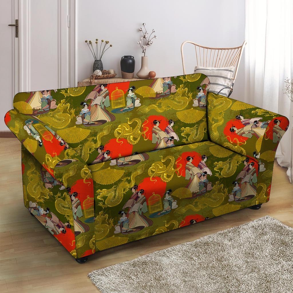 Geisha Japanese Dragon Print Loveseat Cover-grizzshop