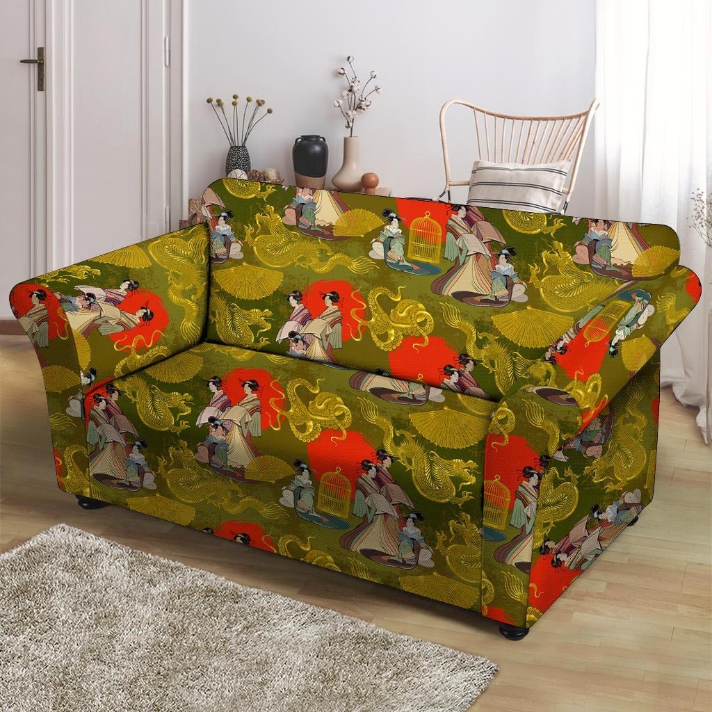 Geisha Japanese Dragon Print Loveseat Cover-grizzshop