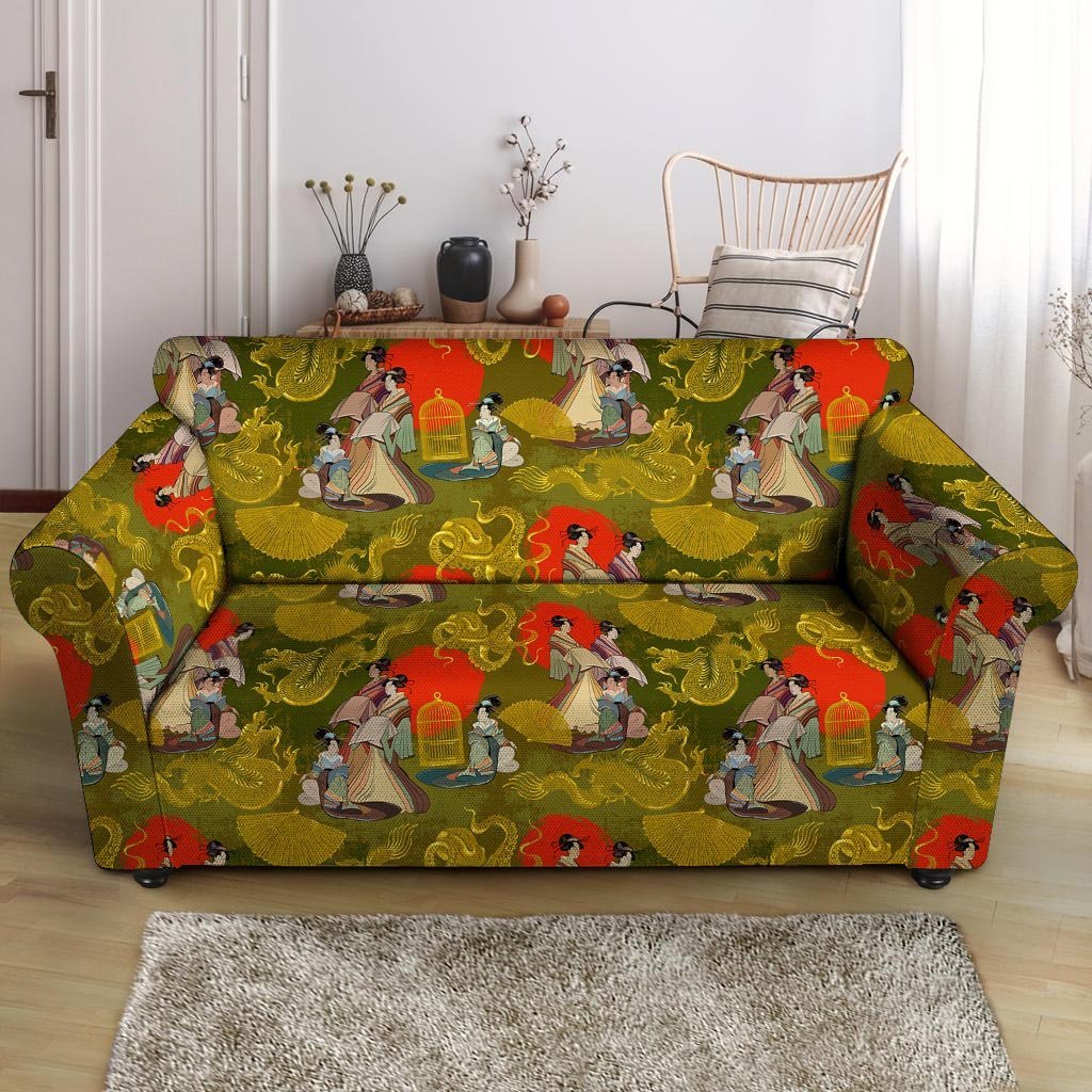 Geisha Japanese Dragon Print Loveseat Cover-grizzshop