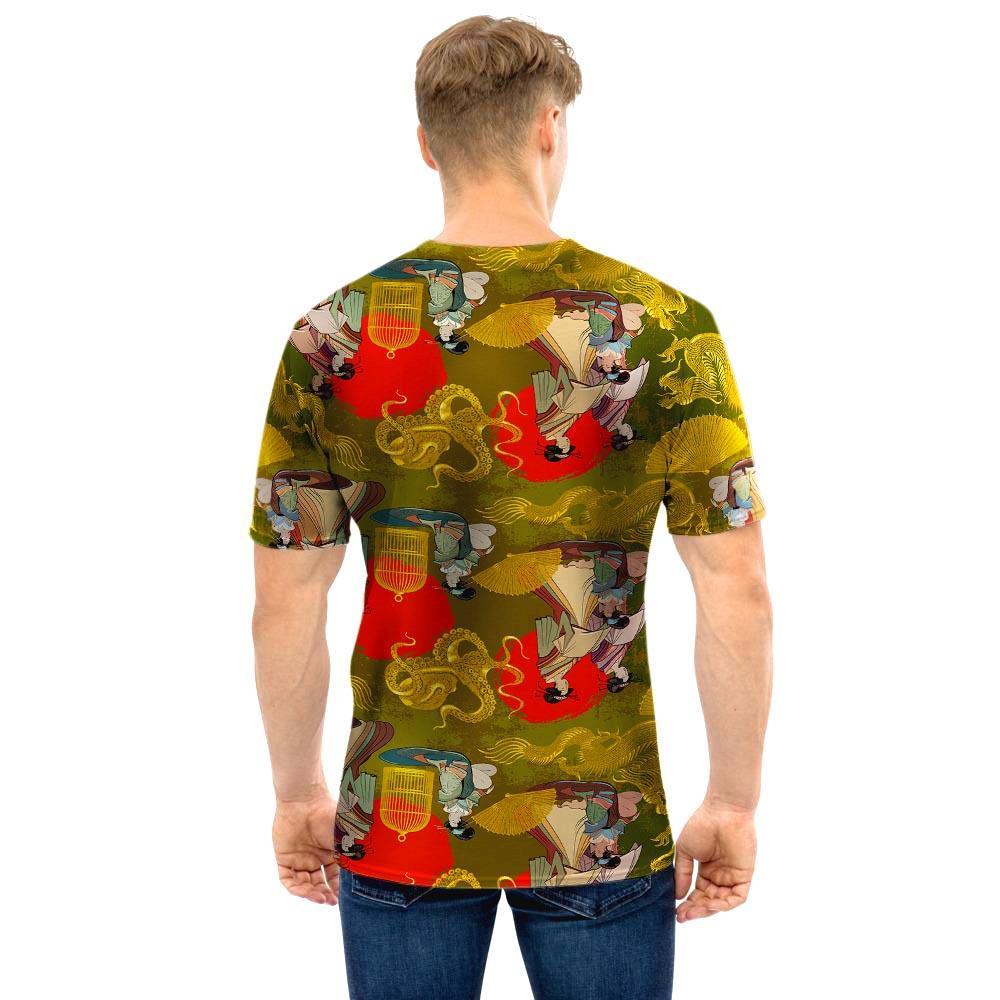 Geisha Japanese Dragon Print Men T Shirt-grizzshop