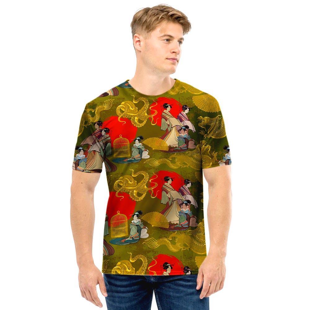 Geisha Japanese Dragon Print Men T Shirt-grizzshop