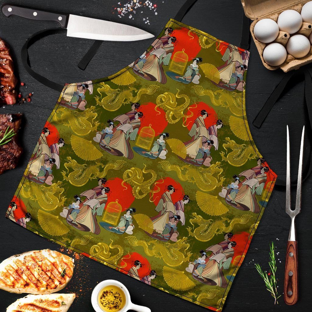 Geisha Japanese Dragon Print Men's Apron-grizzshop