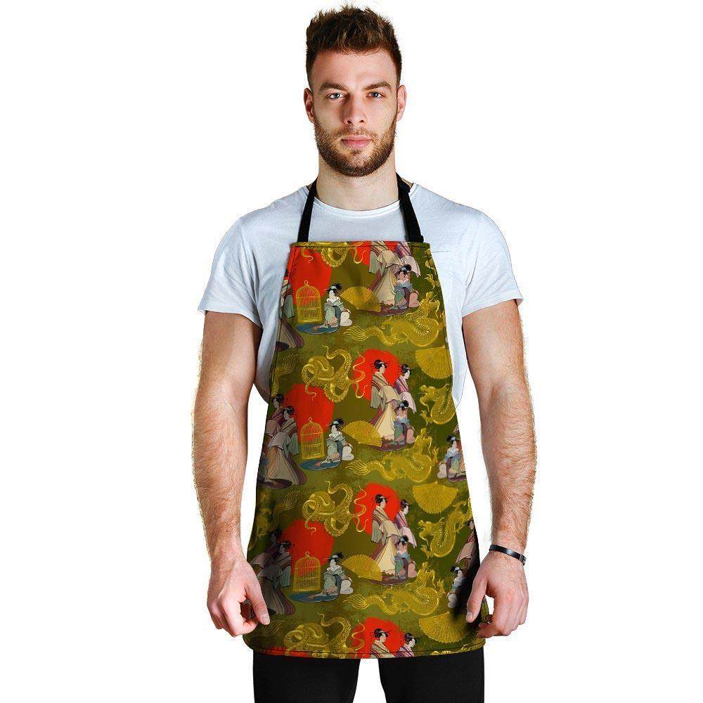 Geisha Japanese Dragon Print Men's Apron-grizzshop