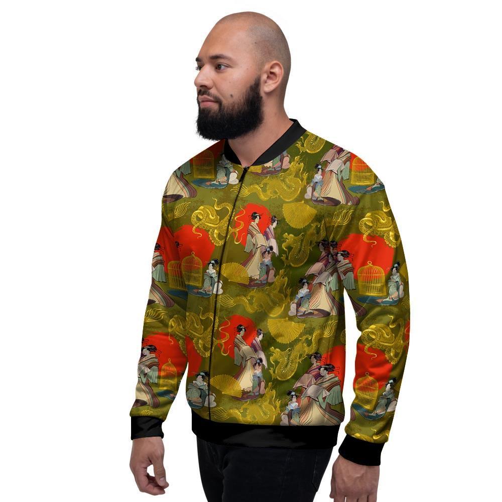 Geisha Japanese Dragon Print Men's Bomber Jacket-grizzshop