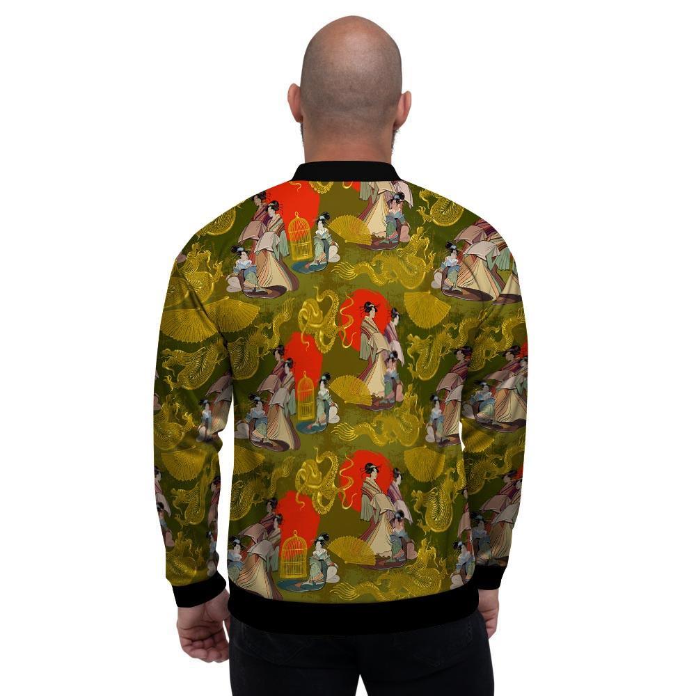 Geisha Japanese Dragon Print Men's Bomber Jacket-grizzshop