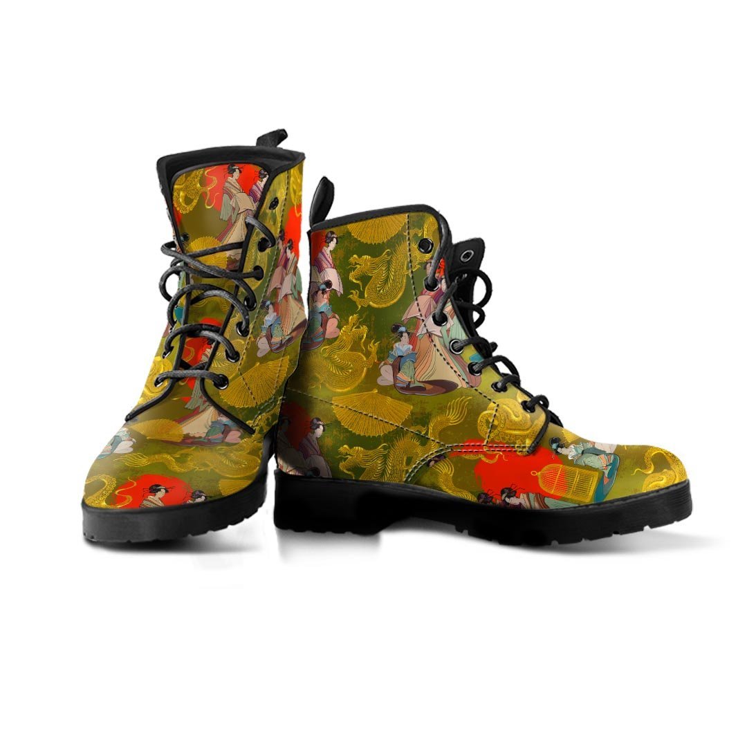 Geisha Japanese Dragon Print Men's Boots-grizzshop